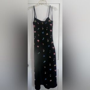 STAUD Black Velvet Strappy Dress with Multi Colored Beaded Allover Flowers.